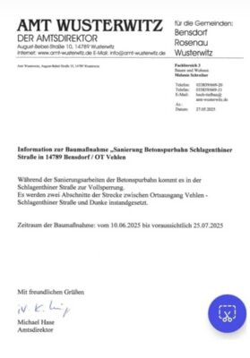 Meldung: Baumaßnahmen Schlagenthiner Str. in Bensdorf
