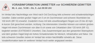 Vorabinformation Unwetter vor schwerem Gewitter heute Abend ca. 18:00 Uhr (Bild vergrößern)