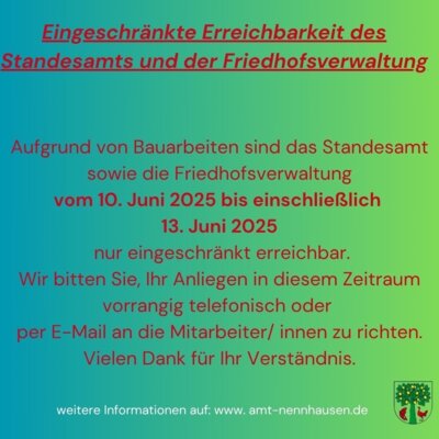 Eingeschränkte Erreichbarkeit des Standesamtes und der Friedhofsverwaltung (Bild vergrößern)