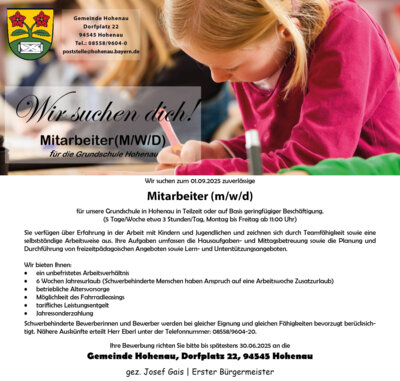 Stellenausschreibung Teilzeit- oder Minijobbeschäftigung in der Grundschule Hohenau