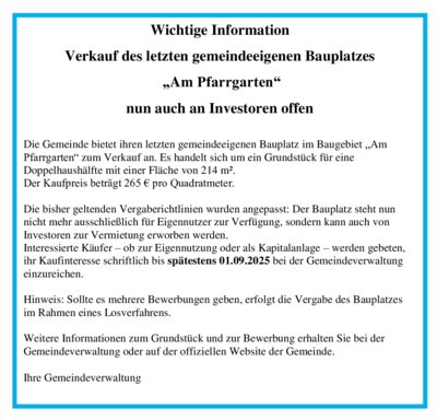 Bewerbung eines gemeindeeigenen Bauplatzes "Am Pfarrgarten"