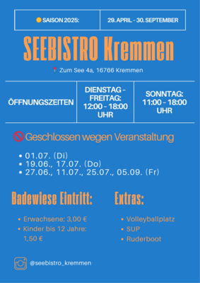 Plakat Seebistro mit den Details zu den Öffnungszeiten