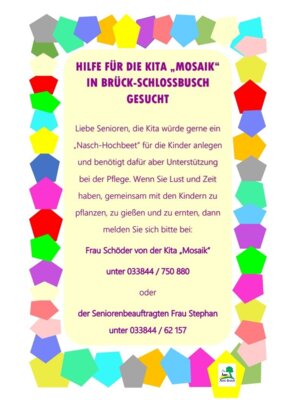 Foto zu Meldung: HILFE FÜR DIE KITA „MOSAIK“ IN BRÜCK-SCHLOSSBUSCH GESUCHT
