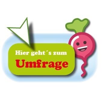 Es wird der Button zur Umfrage des Projektes dargestellt. Abgebildet sind ein Frühlingsgrünes Kästchen mit dem Text "Hier geht´s zur Umfrage" und ein Mauscurser und dahinter rechts schaut das Lieschen-Radieschen hervor, das das Maskottchen des Projektes ist. (Bild vergr&ouml;&szlig;ern)