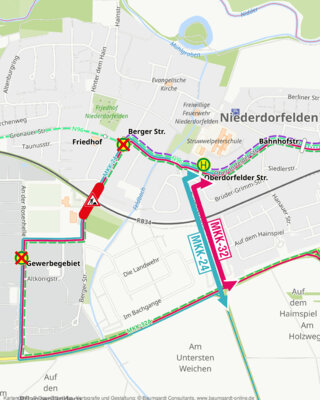 Fahrgastinformation der KVG Main-Kinzig mbH:  Niederdorfelden - Vollsperrung des Bahnübergang Berger Straße // MKK-24, MKK-32 (Bild vergr&ouml;&szlig;ern)