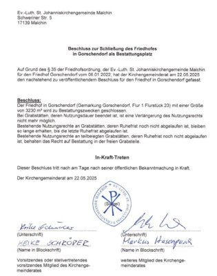 Schließung Friedhof Gorschendorf