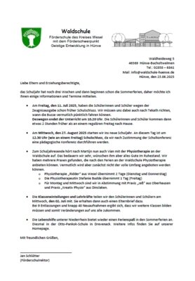 Elternbrief zum Schuljahresabschluss