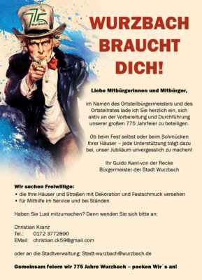 WIR BRAUCHEN DICH! Aufruf zur Unterstützung für die 775 Feier Ortsteil Wurzbach!