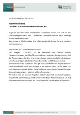 Meldung: Landkreis schränkt Wasserentnahmen ab dem 27.06.2025 ein