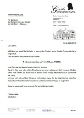 Elternversammlung neue 1. Klasse