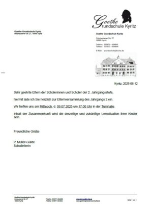 Elternversammlung des Jahrgangs 2