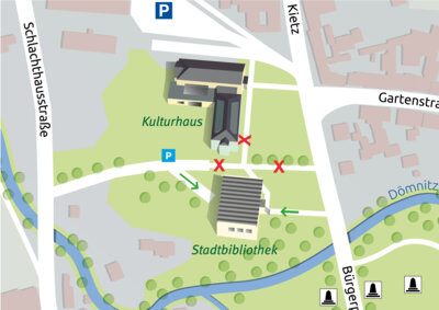 Der Plan zeigt, über welche Wege die Stadtbibliothek derzeit erreichbar ist. Quelle: Stadt Pritzwalk (Bild vergrößern)