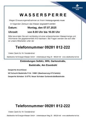 Wassersperre Montag 07.07.2025 (Bild vergrößern)