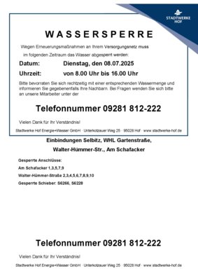 Wassersperre Einbindung Dienstag 08.07.2025 (Bild vergrößern)