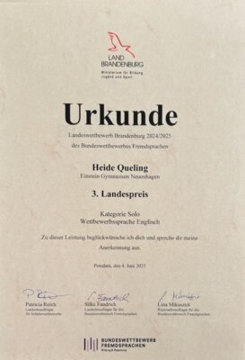 3. Platz beim Landeswettbewerb Fremdsprachen