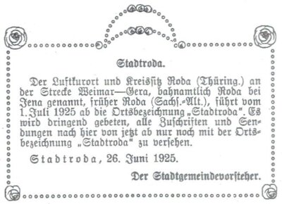 Ankündigung einer neuen, sehr interessanten, Sonderausstellung im Stadtmuseum "Alte Suptur" in Stadtroda - "Roda gibt sich einen neuen Namen: Stadtroda
