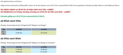 Fahrplanänderung ab Hafen Wiek zur Insel Hiddensee vom 24.07.2025 - 14.08.2025 (Bild vergrößern)