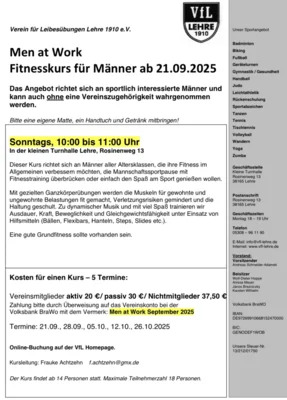 Neuer Men at Work Fitnesskurs für Männer ab 21.09.2025