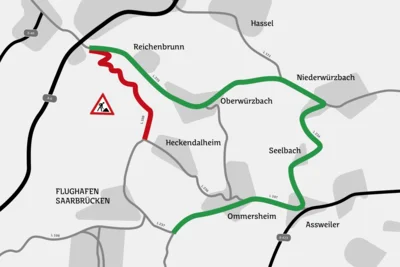 Grafik: LfS, Umleitungsstrecke von St. Ingbert aus über die L 235 und die L 111 bis Niederwürzbach, weiter über die L 234 bis Aßweiler und über die L 107 in Richtung Flughafen Ensheim sowie umgekehrt.