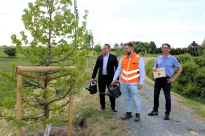 Sie sollen groß und stark werden − die neuen Zukunftsbäume, die die Stadt Kulmbach vergangenen Herbst gepflanzt und seither besonders gehegt und gepflegt hat. Die 16 Jungbäume dienen nicht nur als Ersatzpflanzung für erkrankte, nicht mehr verkehrssichere Bäume, sondern sie sind Teil einer Versuchsreihe für neue Pflanzungen im Stadtgebiet. Damit die Bäume entlang der Melkendorfer Straße auf Höhe des Einmündungsbereiches in die Straße Am Galgenberg auch wirklich gut gedeihen, greifen Oberbürgermeister Ingo Lehmann (links), stellvertretender Gärtnermeister im Bauhof, Nico Beregs-zaszy (Mitte), unter dem fachmännischen Blick von Jürgen Ganzleben beherzt zum Gießer (Bildquelle: Stadt Kulmbach). (Bild vergr&ouml;&szlig;ern)