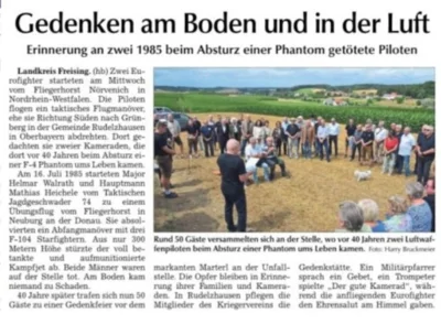 Gedenken an Flugzeugabsturz bei Rudelzhausen am 16.07.1985