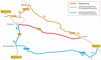Straßenbauarbeiten auf der B 85 zwischen Kreisverkehr Patersdorf und Arnetsried