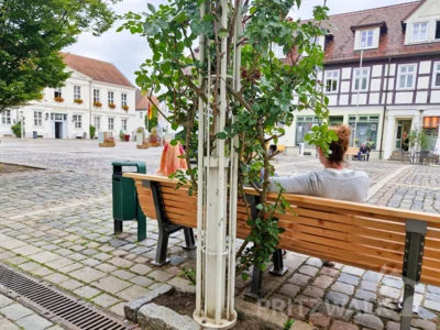 Die aufgearbeiteten Bänke auf dem Pritzwalker Marktplatz werden gern von Spaziergängern genutzt. Foto: Stadt Pritzwalk (Bild vergr&ouml;&szlig;ern)