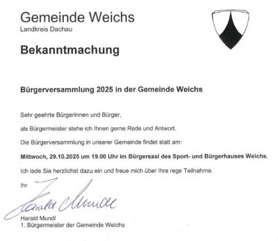 Bürgerversammlung am Mittwoch, den 29.10.2025 in Weichs