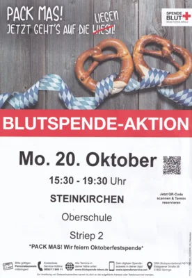 BLUTSPENDE-AKTION am 20. Oktober 2025 von 15:30 - 19:30 Uhr Oberschule, Striep 2, Steinkirchen (Bild vergr&ouml;&szlig;ern)