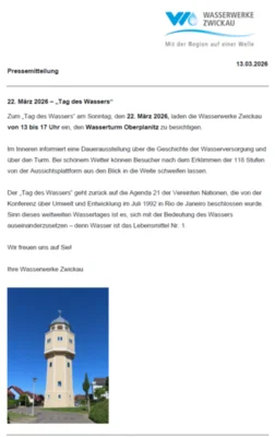 Meldung: Informationen der Wasserwerke Zwickau