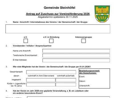 Gemäß der RL zur Förderung des ehrenamtlichen Engagements für die Gemeinde Steinhöfel, können in 2026 wieder Anträge auf Gewährung von Zuwendungen gestellt werden.