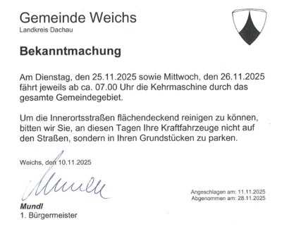 Kehrmaschine am 25.11. und 26.11.2025 im Gemeindegebiet unterwegs