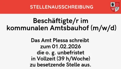 Stellenausschreibung des Amtes Plessa: Beschäftigte/r im kommunalen Amtsbauhof (m/w/d) zum 01.02.2026 (Bild vergr&ouml;&szlig;ern)