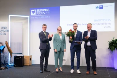 v.l.n.r. Ralf Pieterwas (IHK Südthüringen), Beate Meißner (Thüringer Justizministerin), Niklas Kießling, Dr. Thomas Scheller (Leiter Wirtschaftsförderung Ilm-Kreis) (Bild vergr&ouml;&szlig;ern)