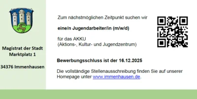 Die Stadt Immenhausen sucht eine/n Jugendarbeiter/in (m/w/d) (Bild vergr&ouml;&szlig;ern)