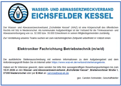 Stellenausschreibung des WAZ "Eichsfelder Kessel" - Elektroniker
