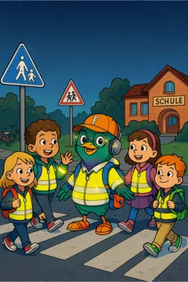 Funkelnd sichtbar – und zu Fuß unterwegs! Die Fred-Vogel-Grundschule zeigt, wie’s geht. (Bild vergr&ouml;&szlig;ern)