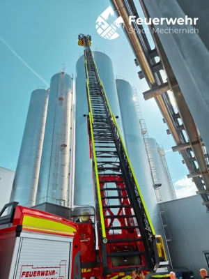 Ausgefahrene Leiter vor den Türmen der Firma Hochwald Foods (Bild vergr&ouml;&szlig;ern)