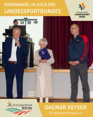 Auf dem Foto zur Ehrung sind (v. l. n. r.) zu sehen: Martin Westphal, Vorsitzender des SV Kali Wolmirstedt e. V., die Geehrte Dagmar Keyser, sowie Michel Földi, Vizepräsident für Ehrenamt, Qualifizierung und Sportentwicklung des Kreissportbundes Börde. (Bild vergr&ouml;&szlig;ern)