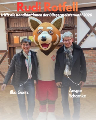 Foto: Rudi Rotfell und die Bürgermeisterkandidat:innen Foto zur Meldung: Rudi Rotfell trifft die Bürgermeisterkandidat:innen