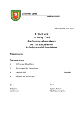 Sitzung vom Finanzausschuss der Gemeinde Lanze