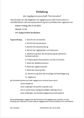 Einladung Jahreshauptversammlung Jagdgenossenschaft Titschendorf