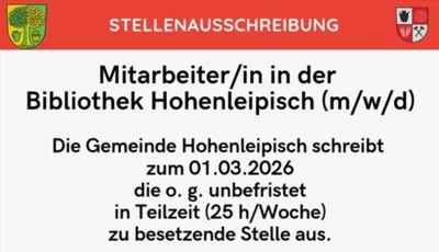 Stellenausschreibung der Gemeinde Hohenleipisch: Mitarbeiter/in in der Bibliothek Hohenleipisch (m/w/d) zum 01.03.2026 (Bild vergr&ouml;&szlig;ern)
