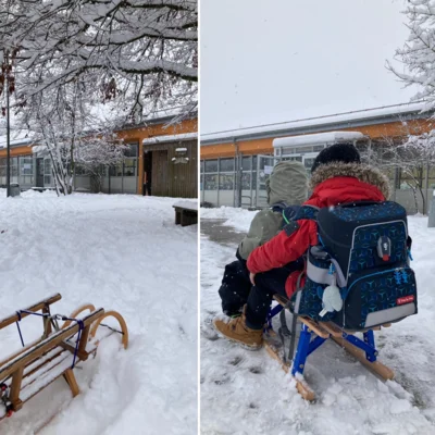 Mit dem Schlitten auf dem Schulweg