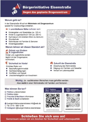 Klare Haltung zum geplanten Drogenzentrum in der Eisenstraße – Petition unterstützen (Bild vergr&ouml;&szlig;ern)
