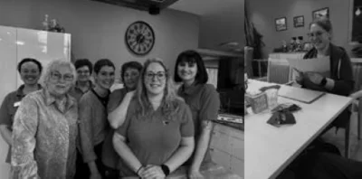 Foto: Links: Ein Teil des Teams der Tagespflege - Fotografin: Elke Stöcker Vorbereitung auf das Waffelbacken in der Tagespflege (von links nach rechts: Anna Kess, Renate Schmitt, Ulrike Hegwein, Jana Stadtelmeyer, Nadja Dülch, Michele Langenfelder, Andrea Ortner) Rechts: Die neue Pflegedienstleitung Michele Langenfelder - Fotografin: Renate Glück Bastelrunde mit den Gästen