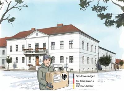 Symbolbild: ein Bote bringt ein Paket zum Kremmener Rathaus - die Zeichnung wurde mit Unterstützung von KI generiert, Ausgangsfoto Stadt Kremmen/Uwe Hohmann.