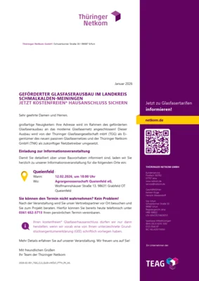 Bürgerinfoveranstaltung zum Glasfaserausbau am 12. Februar in Queienfeld