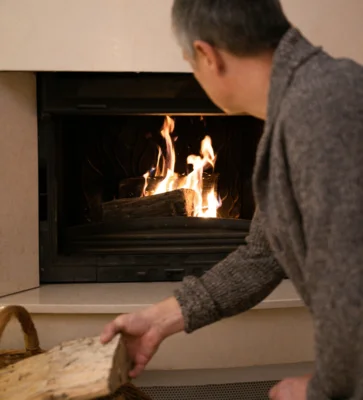 Ein Mann sitzt vor einem brennenden Ofen und greift nach einem Holzscheit, den Blick auf das Feuer gerichtet. (Bild: Stockfoto von Pexels/Pavel Danilyuk: pexels-pavel-danilyuk-5870778)