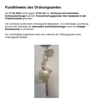Fundhinweis "Schlüssel" Ordnungsamt (Bild vergr&ouml;&szlig;ern)